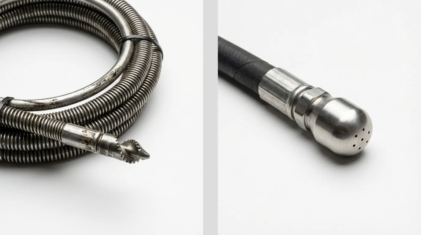 Drain snake cable and hydro jetting nozzle used for drain cleaning in Montpelier, IN