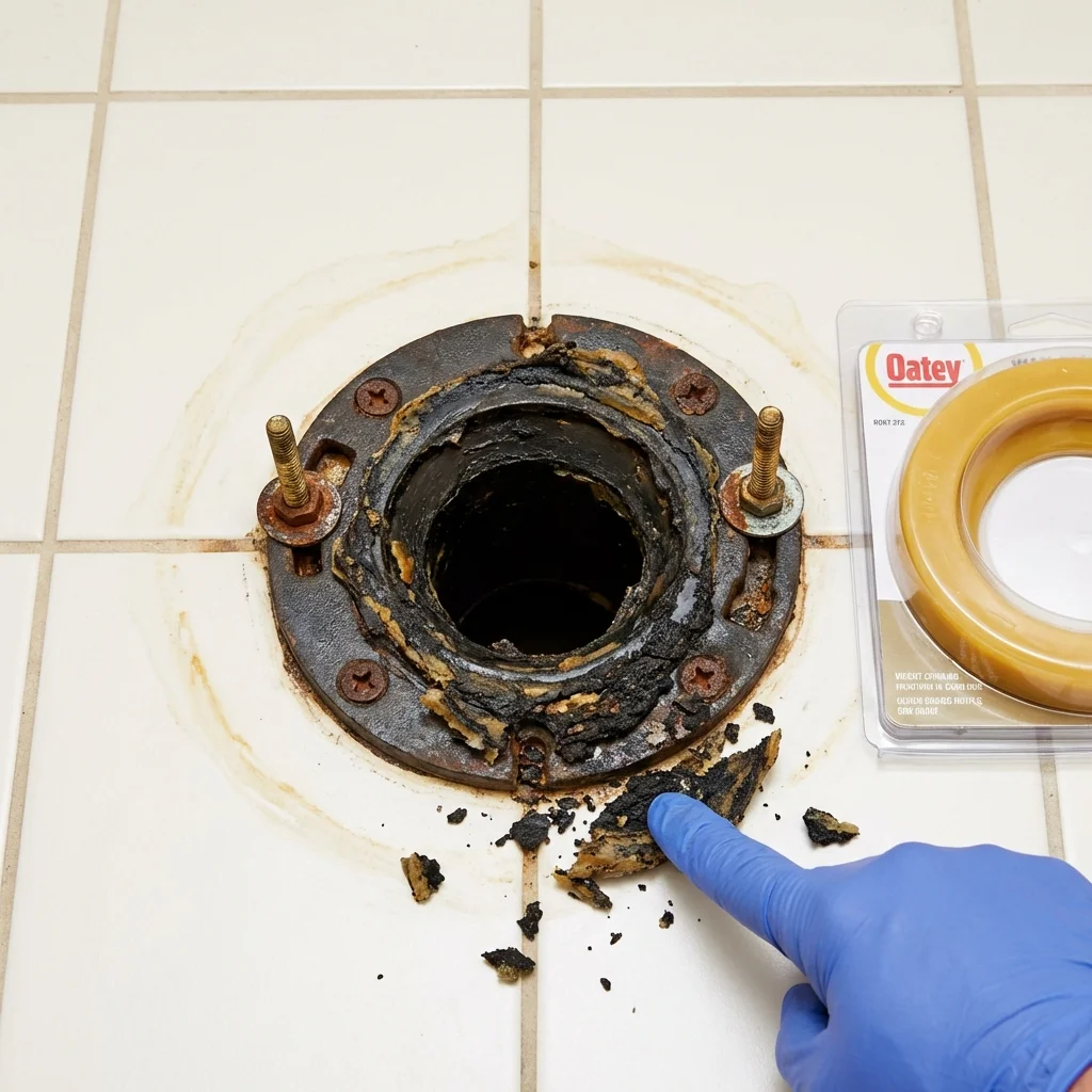 Failed wax ring showing water seepage at the base of a toilet in a Montpelier, IN home