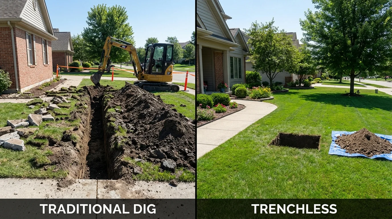 Trenchless sewer repair with minimal yard damage versus traditional excavation in Montpelier, IN