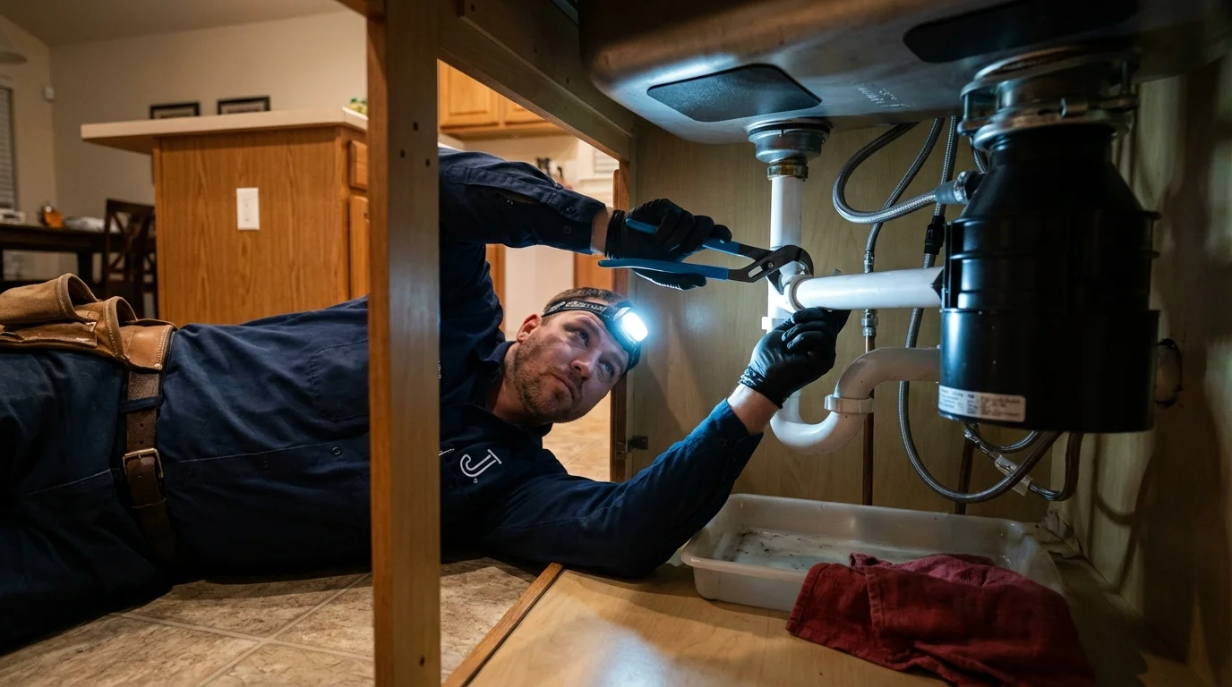 P-trap and supply line connections under a kitchen sink showing a common leak point in Montpelier, IN